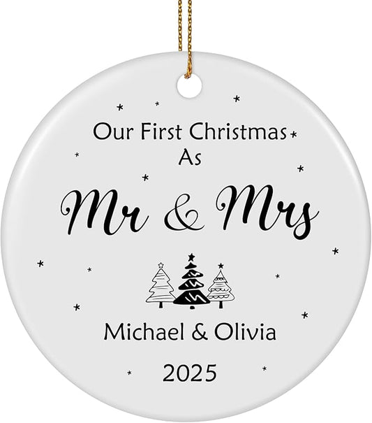 Personalized First Christmas Married Ornament 2025, Custom Engaged Christmas Ornaments with Names, Customized Wedding Engagement Gifts for Newlywed Couples Him Her