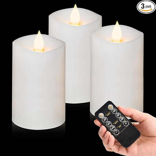 3PCS, 3 x 5 inches Flameless Candle with Remote Control, 3D Flickering Wick, Real Wax Pillar LED Candles, Battery Candles,with Timer,for Holiday Home Decor,White
