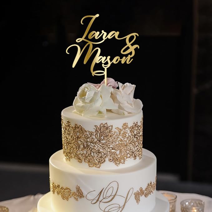 Personalized Wedding Cake Topper in Wood or Acrylic Custom Names of Bride and Groom Cake Topper Cake Decoration (Design 05)
