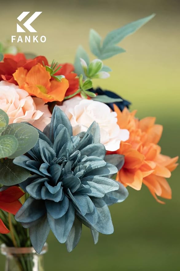 FANKO Rose Artificial Flowers Combo for DIY, Fake Burnt Orange & Navy Blue Rose Silk Flowers Greenery, Faux Flowers for Wedding Bridal Bouquet, Table Centerpieces, Floral Arrangement, Home Decoration