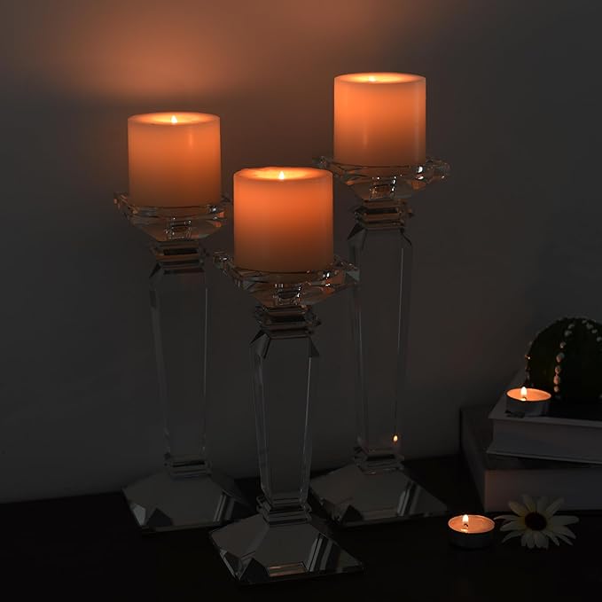 Kitcom Crystal Candlestick Holders Hand Cut Crystal Taper/Pillar Candle Holders, Table Centerpieces for Party Wedding Banquet Decorations Set of 3, Comes with Gift Box(11.6''/10.4''/9.3'' Tall)