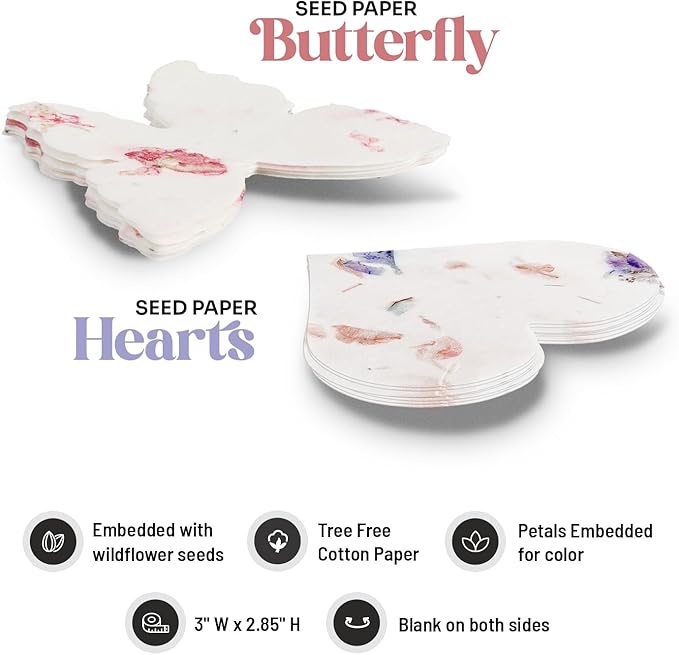 48pcs Seed Paper – 24pcs Hearts & 24pcs Butterflies Plantable Wildflower, Writable & Plantable Gift for Moms, & Plant Lover, Ideal for Weddings, Baby Shower, Memorial, & Celebrations