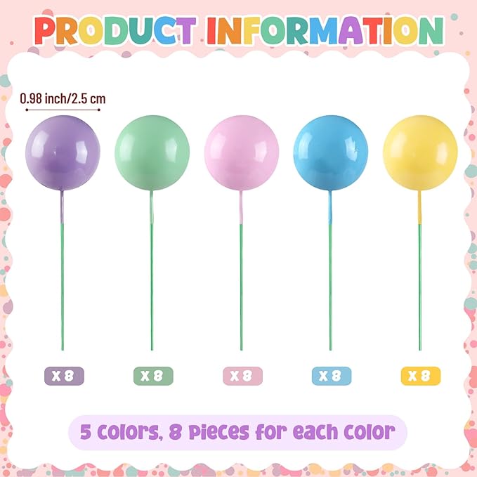 Sieral 40 Pcs Mini Balloon Cake Toppers Colorful Rainbow Topper Round Clay Balls Cupcake Toppers for Birthday Baby Shower Wedding Party Decorations (Pastel Rainbow,Foam)