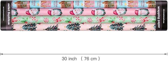 WRAPAHOLIC 30 Inch Christmas Wrapping Paper Roll - Jumbo Roll Pink Gingerbread House, Santa Claus, Christmas Tree and Candy Cane Design - 4 Rolls - 30 Inch x 120 Inch Per Roll