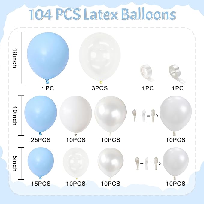 Pastel Blue White Balloons Garland Arch Kit, 104PCS Double Stuffed Pearl White Balloons, Light Baby Blue Clear Balloon for Bridal Shower Baby Birthday Bachelorette Wedding Engagement Party Decorations