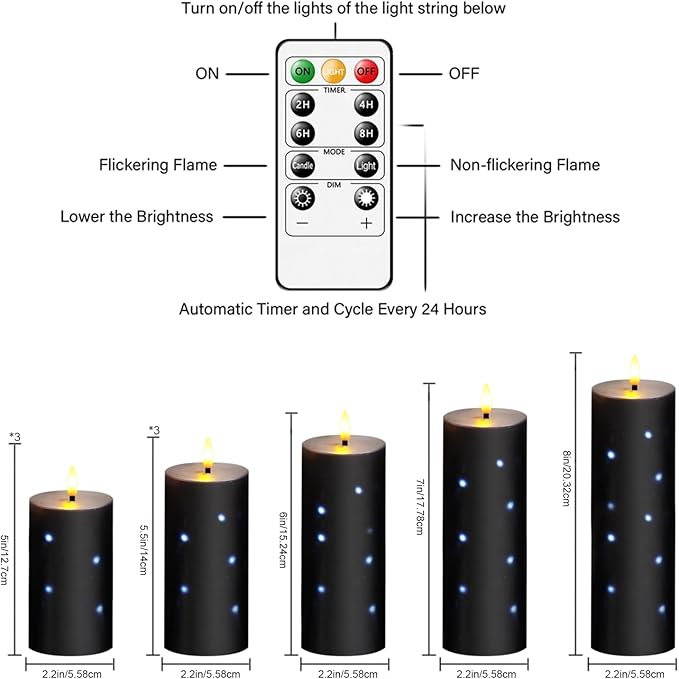 Flickering Flameless Candles with Remote Control and Timer Set of 5 Pc Real Wax LED Pillar Candles, Battery Operated Candles（D2.2×H5/5.5"/6"/7"/8"） Halloween Decorations Home Decor （Black）