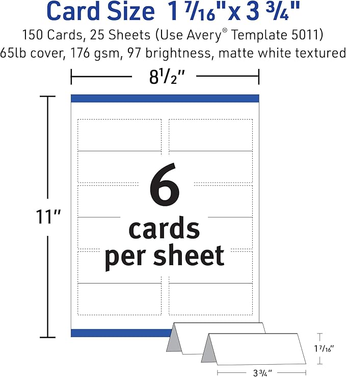 Avery Printable Place Cards with Sure Feed Technology, 1-7/16" x 3-3/4", Matte White, 150 Blank Tent Cards for Laser or Inkjet Printers (5011)