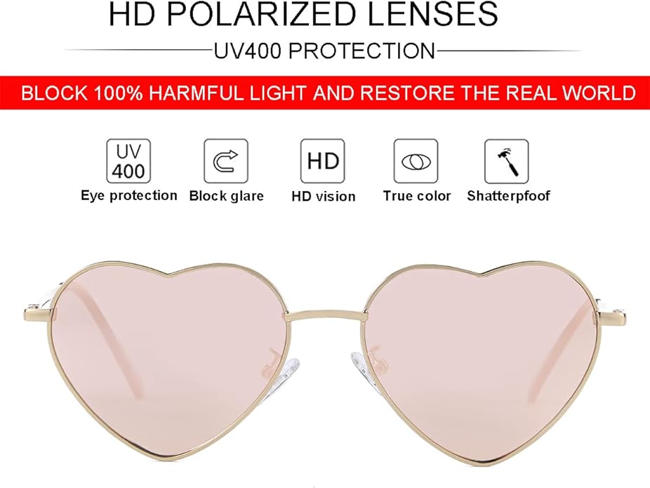 JOVAKIT Polarized Heart Sunglasses for Women Fashion Lovely Style Metal Frame UV400 Protection Lens