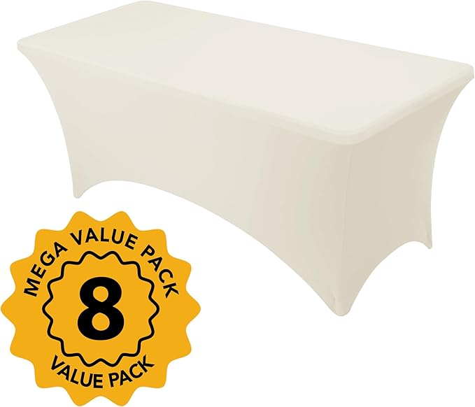 8-Pack Premium Cream Spandex Tablecloths for 6ft Rectangle Tables, Stain & Wrinkle-Resistant, Washable Stretch Polyester Fitted Table Cover for Weddings, Banquets, Trade Shows Events