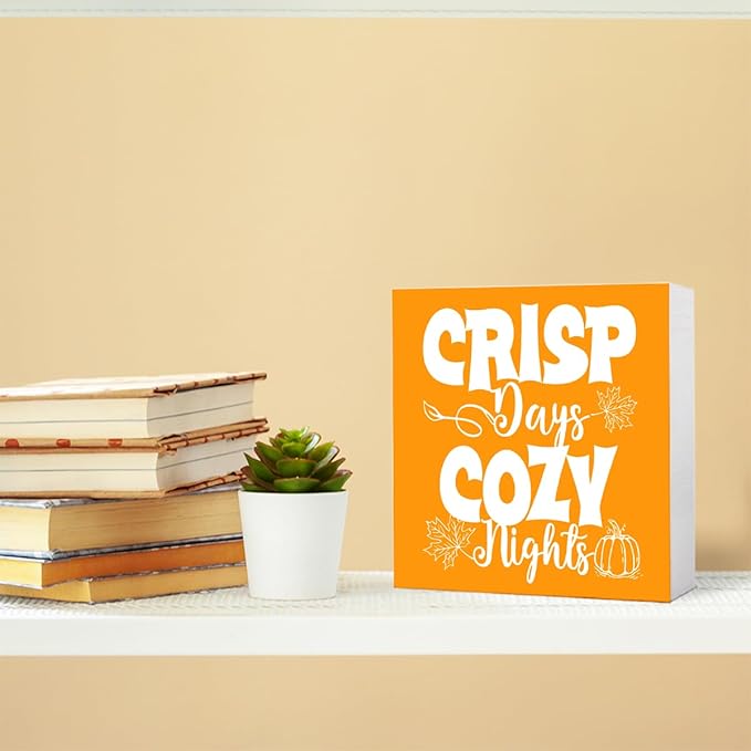 Funny Autumn Wood Box Sign Crisp Days Cozy Nights Wooden Block Desk Decor for Home Office Kitchen Cubicle Table Shelf Tabletop,Farmhouse Fall Sign Decor