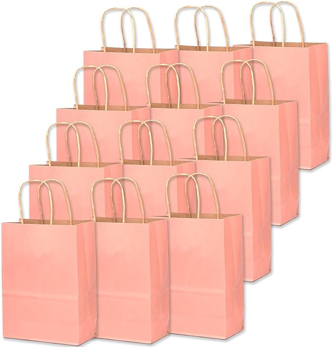 qiqee Large Kraft Paper Bags with Handles 13"x10"x5" 32 pcs Gift Paper Bag Bright Pink Solid Color Bags（Large Size）