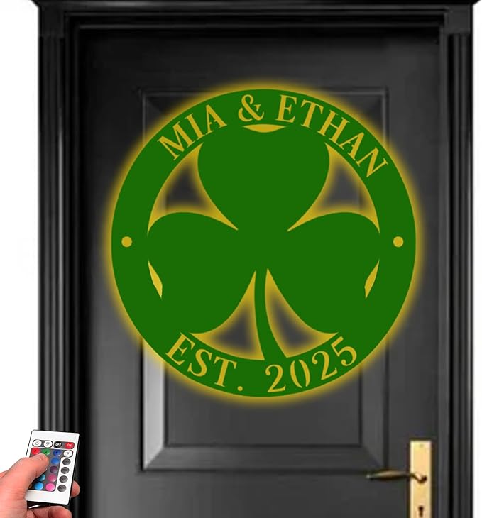Custom St. Patrick's Day Shamrock Metal Sign – Personalized Lucky Irish Door Wreath, LED Wall Art, Festive Ornament for St. Patrick's Day Party, Front Door, Home, and Wall Decorations Gifts for Lover