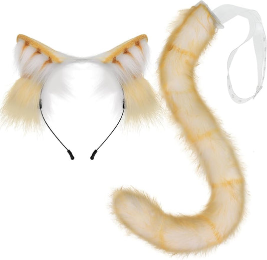 QinRuan Animal Cosplay Costume Accessories Furry Faux Fur Cat Ears Headband and Fox Tail Set Halloween Accessory