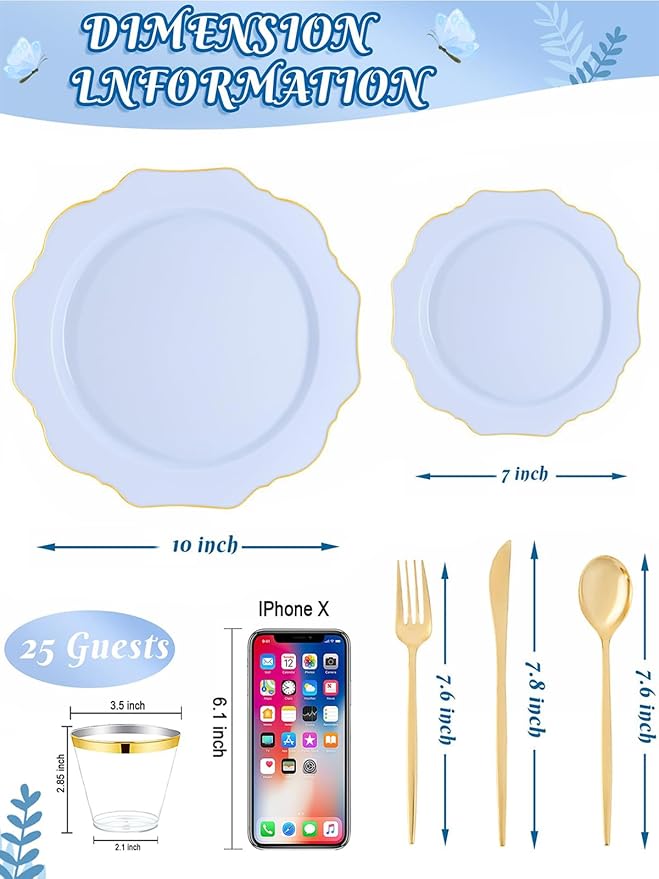 WDF 175Pcs Blue Plastic Plates - Heavy Duty Baby Blue Plates Disposable - 25Guests Plastic Dinnerware Ideal for Parties/Wedding/Baby Shower