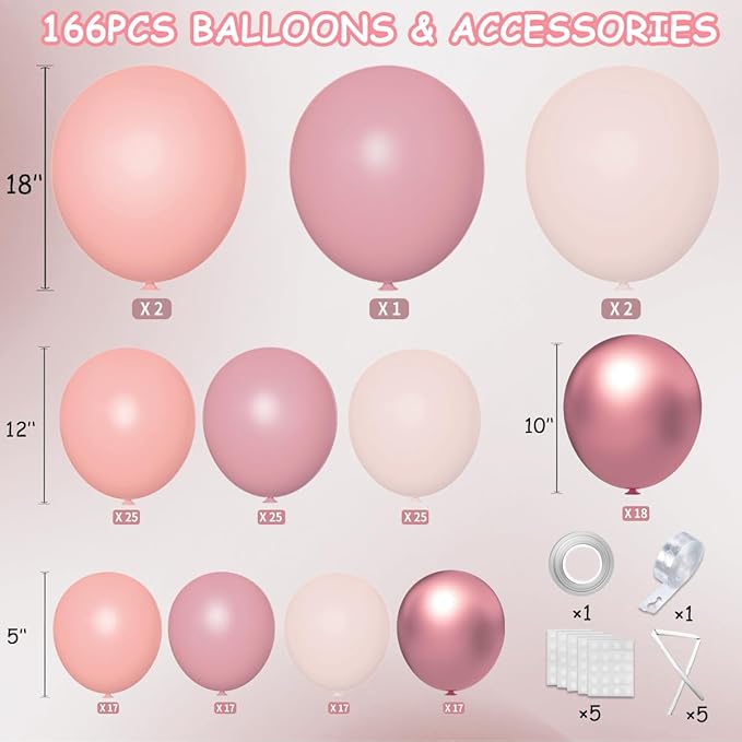 Dusty Pink Balloon Arch Kit, 166Pcs Pastel Nude Light Pink Metallic Balloons Garland for Wedding Bridal Baby Shower Princess Girl Women Birthday Party Decorations