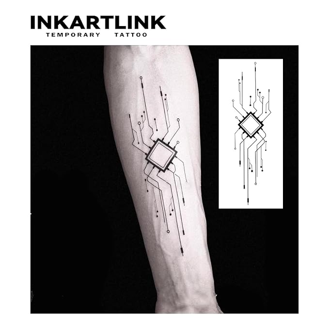 INKARTLINK Tattoo Tech, 2 Sheets Medium Semi Permanent Tattoo, Adult Art Design Temporary Tattoos, Lasts 1-2 Weeks, Waterproof, Realistic Look, No Adhesive, No Reflection (Interlligence)