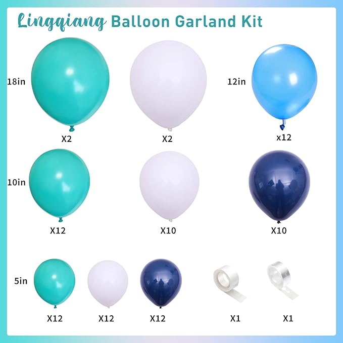 Teal Balloon Garland Arch Kit, Navy Blue Light Blue Teal White Turquoise Aqua Latex Balloons Garland Kit for Boys Girls Women Bridal Baby Shower Ocean Birthday Wedding Party Decorations Supplies