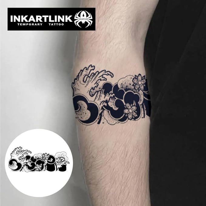 INKARTLINK Tattoo Tech, 2 Sheets Large Semi Permanent Tattoo, Adult Art Design Temporary Tattoos, Lasts 1-2 Weeks, Waterproof, Realistic Look, No Adhesive, No Reflection (Wave Armlet Design)