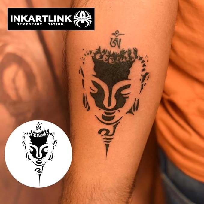 INKARTLINK Tattoo Tech, 2 Sheets Medium Semi Permanent Tattoo, Adult Art Design Temporary Tattoos, Lasts 1-2 Weeks, Waterproof, Realistic Look, No Reflection (Buddha Statue)