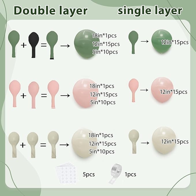 Sage Green Pink Balloon Arch Kit, Double Stuffed Dark Dusty Green Light Pink Sand White Beige Balloons Garland Kit for Birthday Wedding Jungle Safari Spring Fall Boho Party Decoration