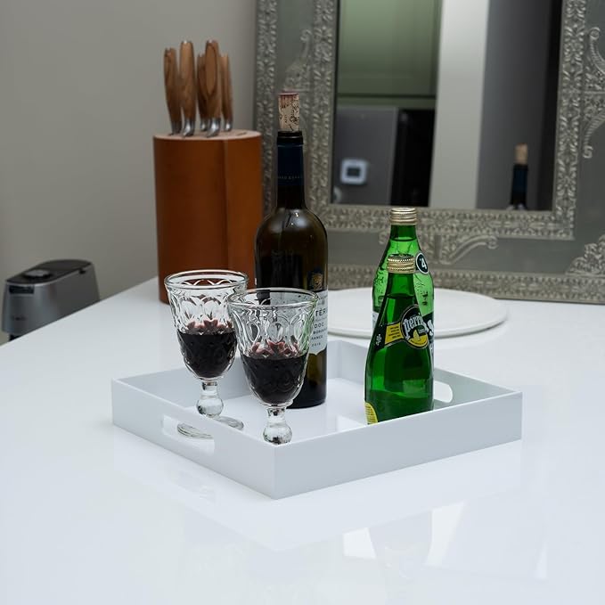 Glossy White Acrylic Serving Tray with Handles, 12x12x2H Inches - Spill Proof, Decorative Trays for Countertop, Ottoman Coffee Table, Nightstand, Breakfast, Tea, Food