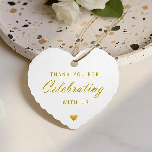 50pcs Gold Foil Thank You Tags with String, Pre-Punched Hole Gift Tags with String - Perfect for Weddings, Baby Showers, Parties, Celebrations - Thank You for Celebrating with US (2.36"*2.16")