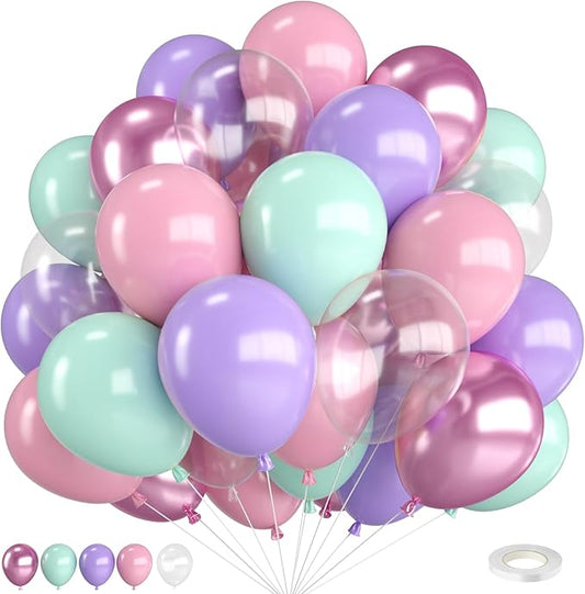 Mermaid Balloons,12 Inch Pastel Pink Purple Green Clear Metallic Balloons for Girls Mermaid Party Decorations Ocean Theme Birthday Baby Shower Party Decorations