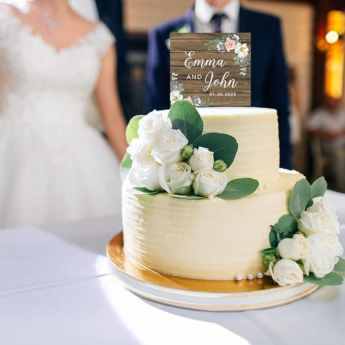 Andaz Press Rustic Wood Custom Wedding Cake Topper, Acrylic Square Personalized Couple Cake Topper