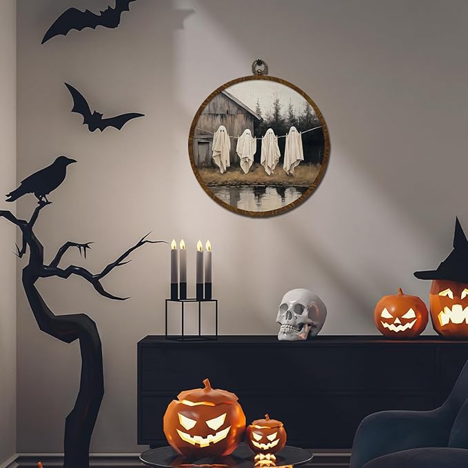 Funny Halloween Ghost Round Wall Art,Gothic Canvas Wall Hanging Decor, Spooky Farmhouse Vintage Round Wall Art for Bedroom Living Room Entryway, Rustic Ghost Gothic Wall Decor,Gift for Halloween10x10Inch(Dark-Ghost04)