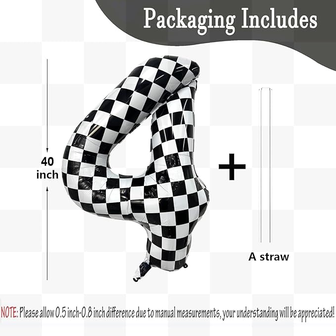 40 Inch Checkered Number Balloon 4 Black and White Number 4 Balloon Foil Helium Balloons for Birthday Party Decoration Girls Boys Baby Shower Anniversary Decoration Race Car Party Decoration