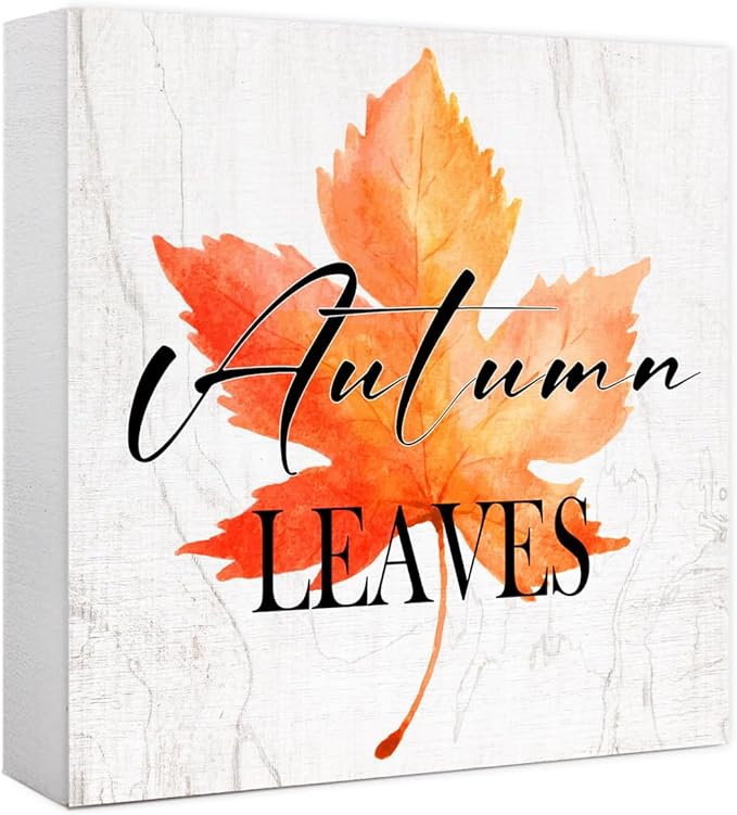 Funny Autumn Maple Leaves Wood Box Sign Autumn Leaves Wooden Block Desk Decor for Home Office Kitchen Cubicle Table Shelf Tabletop,Farmhouse Fall Sign Decor