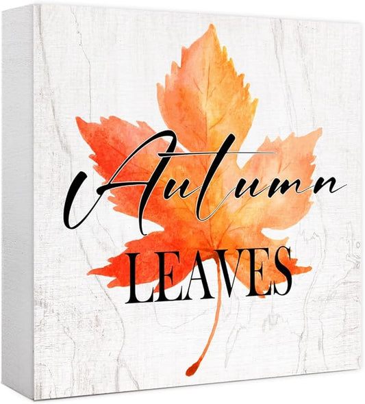 Funny Autumn Maple Leaves Wood Box Sign Autumn Leaves Wooden Block Desk Decor for Home Office Kitchen Cubicle Table Shelf Tabletop,Farmhouse Fall Sign Decor