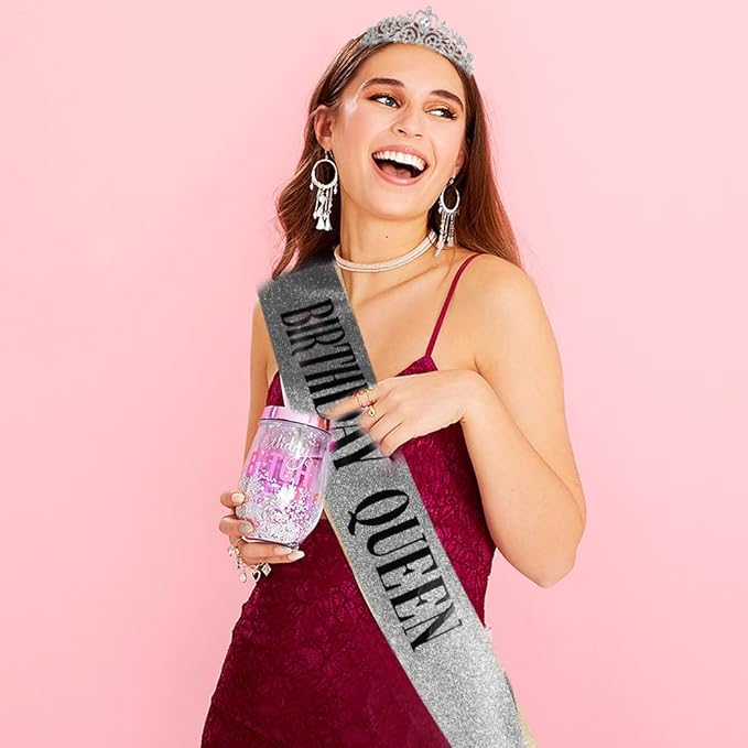 AOPRIE Birthday Crown for Women Happy Birthday Queen Sash Silver Tiara for Women Princess Crown Rhinestone Accessories Party Favor