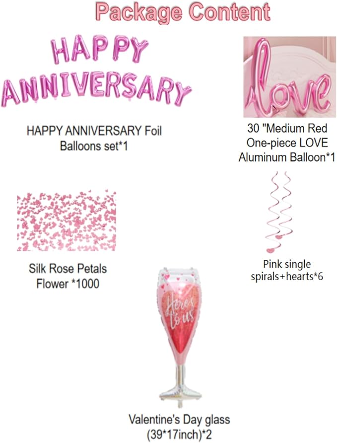 Pink Valentine's Day Balloons Kit With Happy Anniversary Banner - Heart Balloons for Decorations and Anniversary