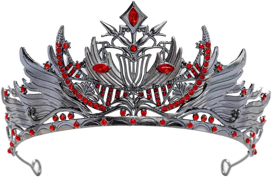 Gothic Red Crystal Flame Wing Tiara Crown for Women Girls, Halloween Cosplay Dark Queen Headpiece, Vintage Rhinestone Headband for Masquerade Party Wedding Prom Stage Accessories