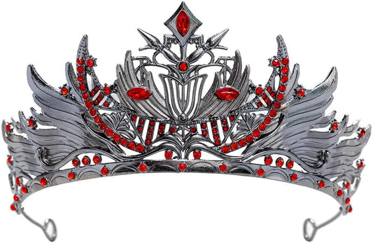 Gothic Red Crystal Flame Wing Tiara Crown for Women Girls, Halloween Cosplay Dark Queen Headpiece, Vintage Rhinestone Headband for Masquerade Party Wedding Prom Stage Accessories