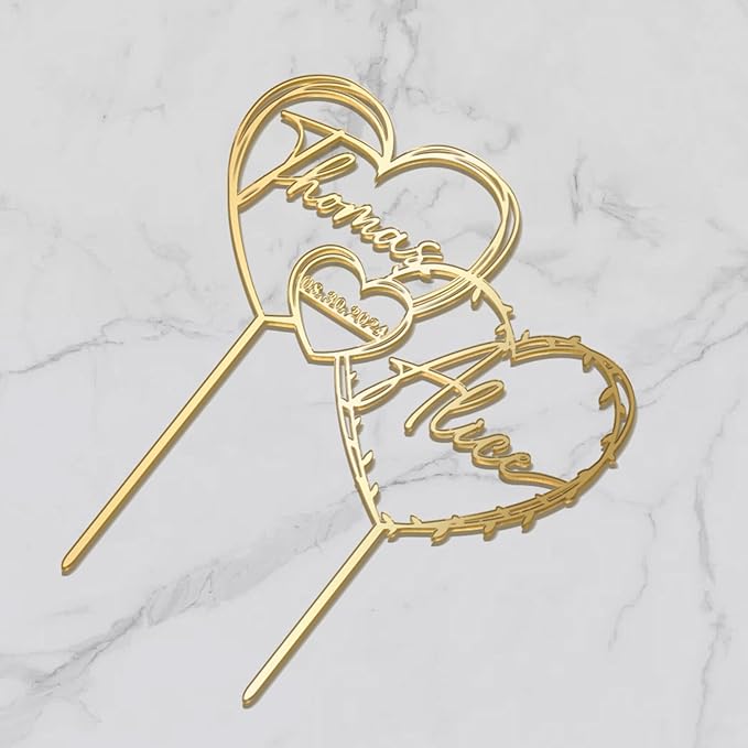 Personalized Hearts Wedding Cake Topper in Acrylic Custom Bride Groom Names and Wedding Date Cake Decoration