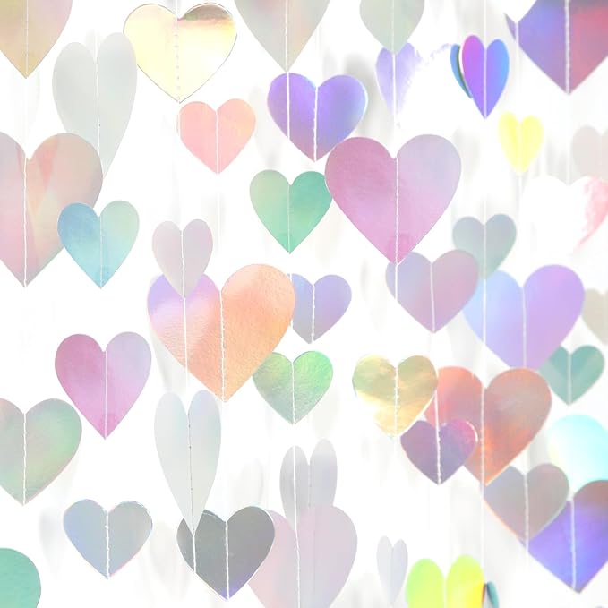Iridescent Disco-Holograpic Party-Decorations Heart Garland - 56Ft Neon Galentines Love Hanging Streamers Banner,Wedding Bachelorette Birthday Engagement Bridal Baby Shower Backdrop Decor Burgleda