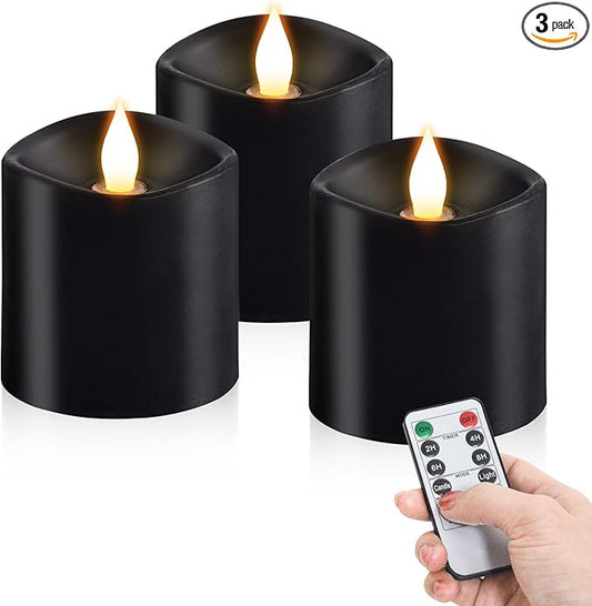 3x3 Flickering Flameless Candles Set of 3, LED Battery Candles Flickering,with Timer, 3 inch Flameless Candles with Remote,Battery Operated Candles, Holiday Home Decor for,Black