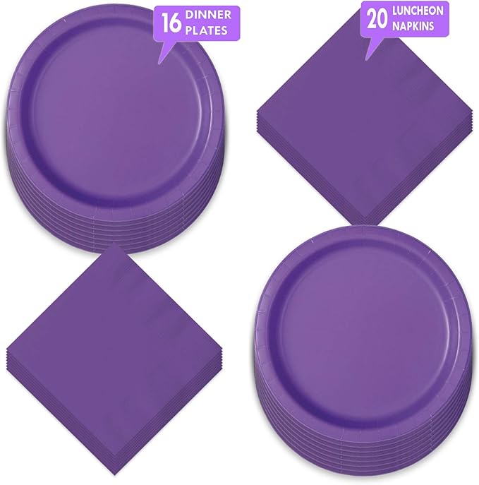 Solid Neon Purple Paper Dinner Plates and Luncheon Napkins, Bright Purple Party Supplies and Table Decorations (Serves 16)