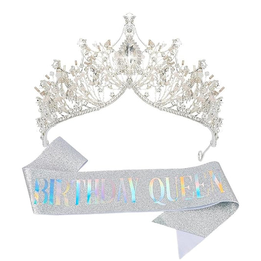 Birthday Queen Sash Headbands for Women Happy Birthday Tiara & Crowns for Girls Accessories Favor Supllies Silver, 2 Pack