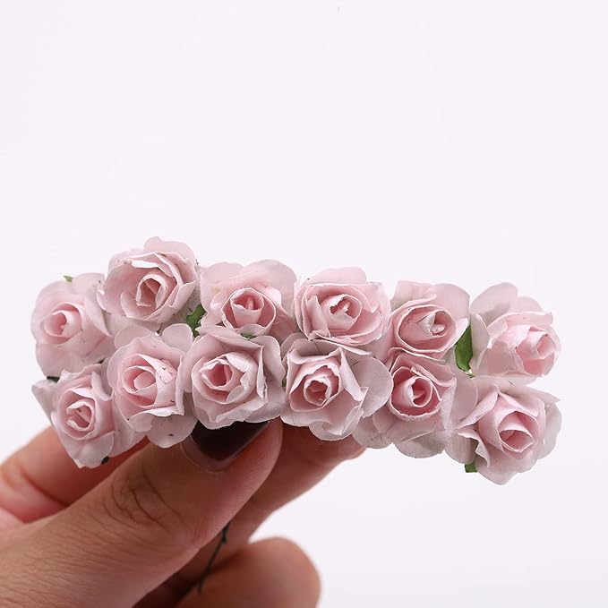 144pcs Mulberry Paper Mini Roses Artificial Flowers Heads with Stems for DIY Crafts Accessories Make Bridal Hair Clips Headbands Dress Wedding Bridal Bouquets Party Home Decor Valentine's (Light pink)