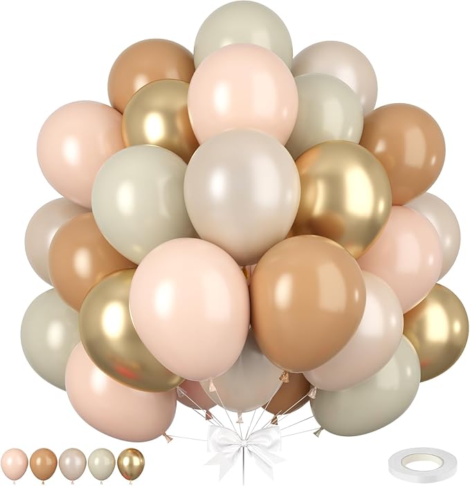 Nude White Gold Balloons, 50pcs Beige Neutral Balloons, Retro Nude Cream White Double Stuffed Gold Balloons for Boho Wedding Birthday Party Bachelorette Baby Shower Gender Reveal Decorations