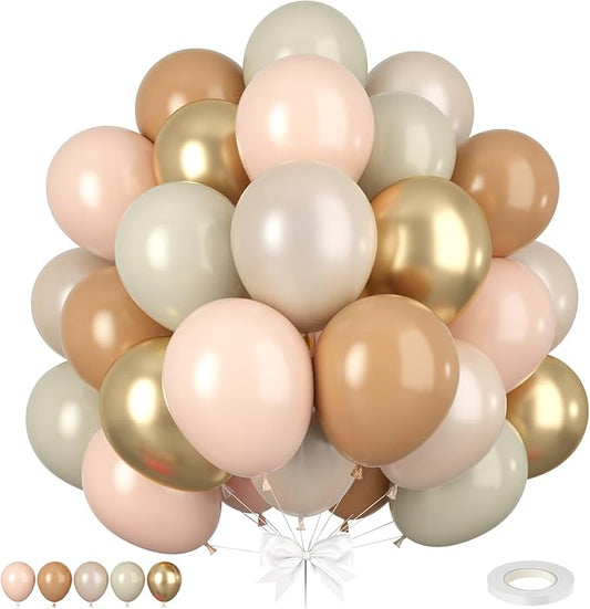 Nude White Gold Balloons, 50pcs Beige Neutral Balloons, Retro Nude Cream White Double Stuffed Gold Balloons for Boho Wedding Birthday Party Bachelorette Baby Shower Gender Reveal Decorations