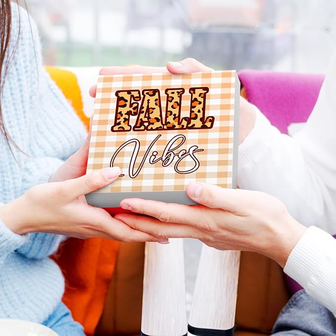 Funny Autumn Pumpkin Wood Box Sign Fall Vibes Wooden Block Desk Decor for Home Office Kitchen Cubicle Table Shelf Tabletop,Farmhouse Fall Sign Decor