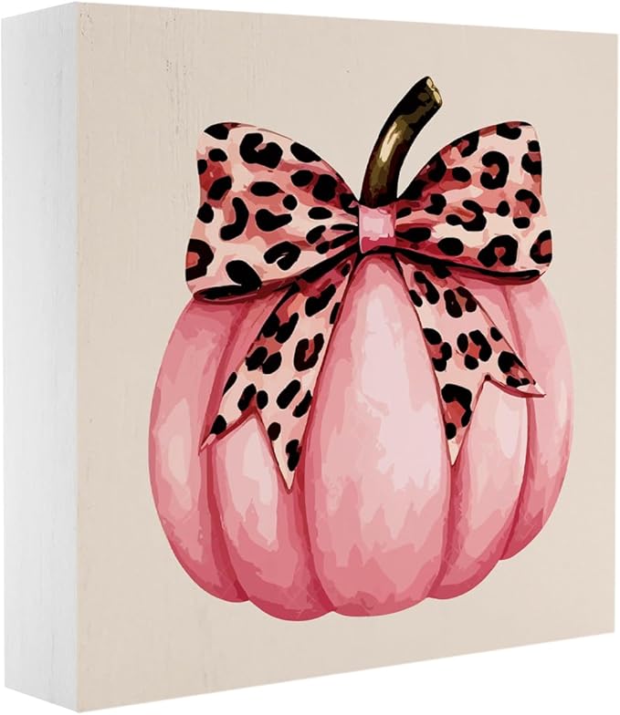 Cute Fall Thanksgiving Decor Preppy Pink Pumpkin Fall Decorations Pink Leopard Bow Autumn Decor for Home Office Autumn Decorations for Desk Table 5 x 5 inches