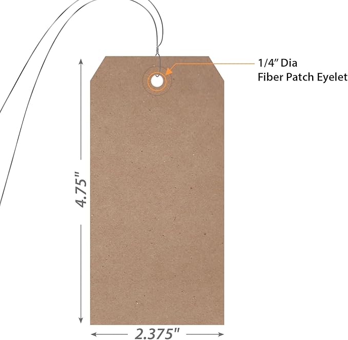 SmartSign Brown Blank Gift Tags with Wires - 1000-Pack, 4.75" x 2.375", Size-5 Eco-Friendly Tags with Fiber Patch, 11 pt Pre-Wired Recycled Kraft Paper Tags for Packing/Shipping, USA-Made