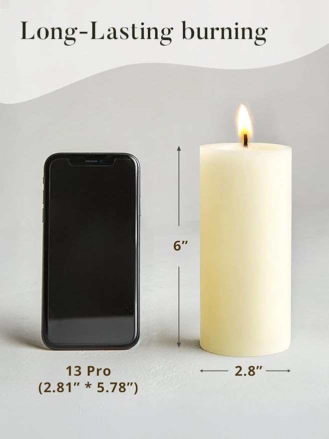 Ivory Pillar Candles, Set of 3, 70 Hour Long Burning, Unscented and Dripless Pillar Candles Bulk, Large (3x6 inch) for Christmas Lights, Wedding, Parties,Spa,Dinner Table, Home Decor