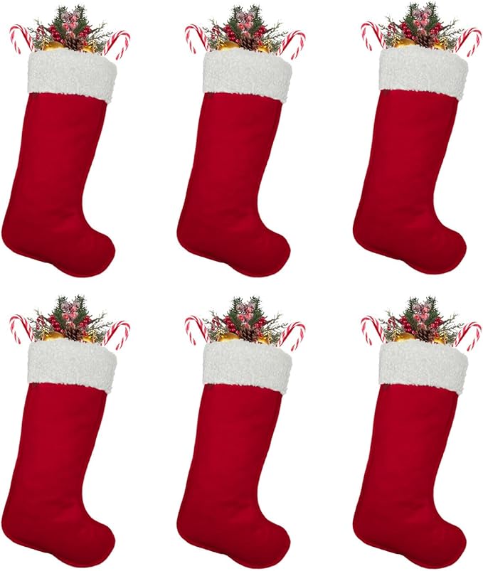 Christmas Stockings for Family Holiday Decor Xmas Tree Fireplace Christmas Stockings Bulk (6, Red-Grain-Large)