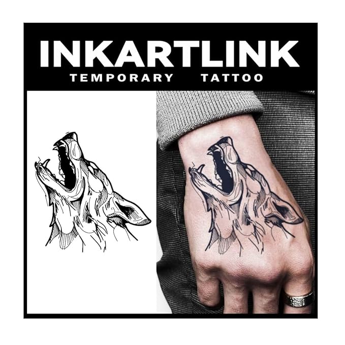INKARTLINK Tattoo Tech, 2 Sheets Medium Semi Permanent Tattoo, Adult Art Design Temporary Tattoos, Lasts 1-2 Weeks, Waterproof, Realistic Look, No Adhesive, No Reflection (Wolf Howling Design)